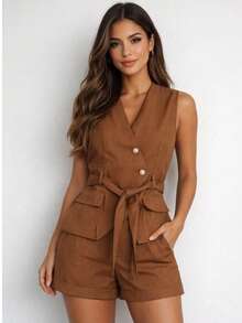 Women's Set With Regular Fit Shorts. Made Of Luis Twill Fabric. Casual And Elegant. Buttons Down The Front. Pocket. With Belt. Suitable For Office Or Beach. - 深棕色 - 查看 3