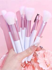 12支化妆刷套装，柔软蓬松，专业粉底刷、散粉刷、眼影晕染刷，美妆工具，新手礼物，棕色，刷毛柔软，便携易用，适合旅行、度假、海滩，送给女性和女孩的礼物 - 粉色 - 查看 6