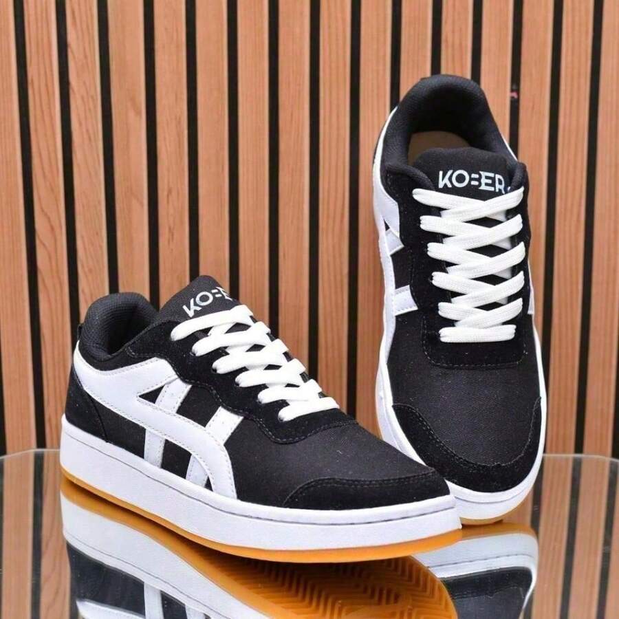 Men's Black And White Street Sneakers, Skater Style, Casual And Everyday Wear - 黑色鞋面,白色鞋底,50碼 - 查看 1