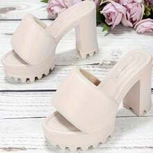Women's Platform Chunky High Heel Slip On Sandal Shoe - 米色 - 查看 4