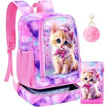 2-In-1 Girls' Backpack, 17" Elementary School Backpack & Lunch Box - Cute Cat Print, Pink - Backpack - View 12