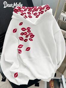 Áo sweatshirt dài tay dáng rộng in hình môi phong cách Y2K của Dear Molly dành cho nữ, áo nỉ chui đầu kiểu vintage Mỹ với túi kangaroo, thích hợp cho nữ mùa thu/đông, trang phục thường ngày màu trắng mùa xuân. - trắng - Xem 2