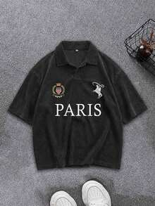 Men's Summer Waffle Snowflake Pattern Polo Shirt With Floral Font - Black - View 2