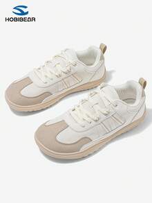 HOBIBEAR Men's Wide Fit Soft Bottom Shoes, Patchwork Round Toe Lace-Up Flat Shoes, Minimalist Retro Style Unisex Casual Sneakers, Breathable Mesh, All Season - Khaki - View 7