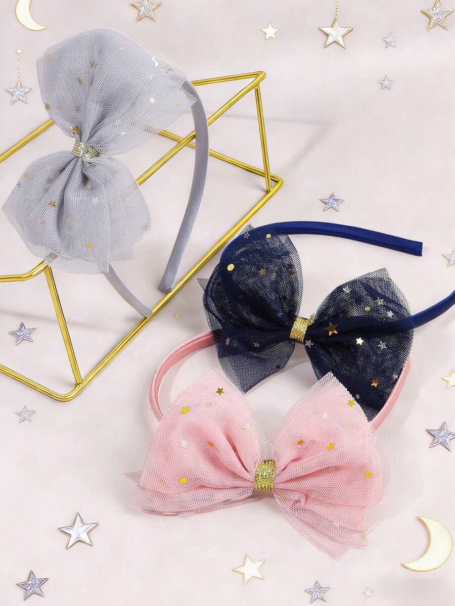 3pcs Elegant Tulle Bow Headbands, Pink, Blue, Gray Star Headbands, Ballet Style Wedding Party Hair Accessories, Sweet Girls Daily Hair Decor, Suitable For Valentine's Day - Multicolor - View 1