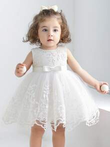 Baby Girls' Embroidered Sequin Mesh White Sleeveless Backless V-Neck Dress With Detachable Big Bow, Sweet Princess Dress Suitable For 1st Birthday, Party, Christening, Vacation, Formal Occasion, Flower Girl Wedding - trắng - Xem 9