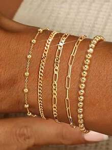 5pcs Elegant Gold-Plated Stackable Bracelets, Minimalist & Cute Jewelry For Women - Gold 5-pack - View 1