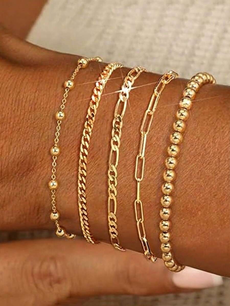 5pcs Elegant Gold-Plated Stackable Bracelets, Minimalist & Cute Jewelry For Women - Gold 5-pack - View 1