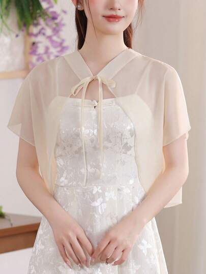 1 pieza Chal/Bufanda de mujer de gasa, prenda exterior ligera de verano, blusa corta con estilo chino de atar