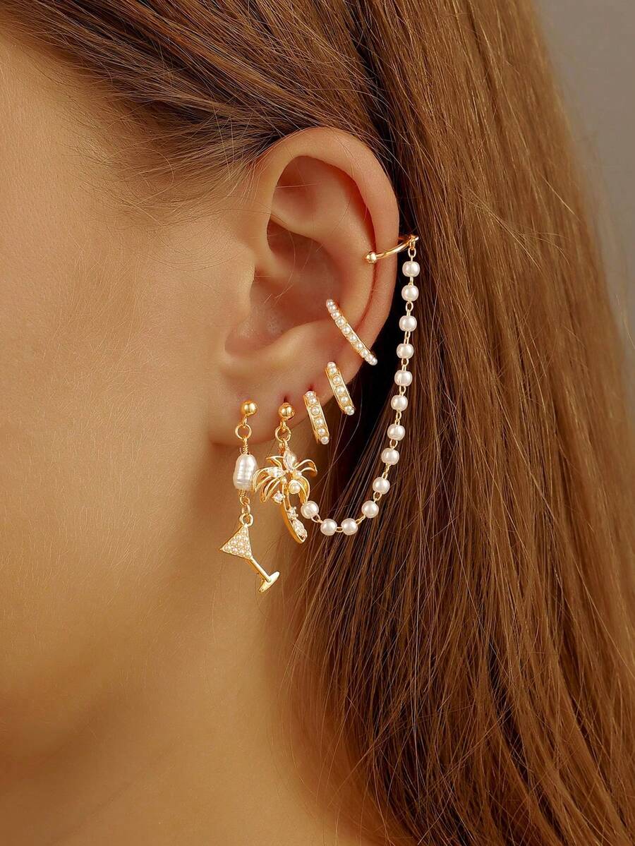 5件套夏日度假波西米亚风耳环套装，沙滩鸡尾酒棕榈树耳环，仿珍珠装饰耳环，夏季饰品 - 彩色 - 查看 1