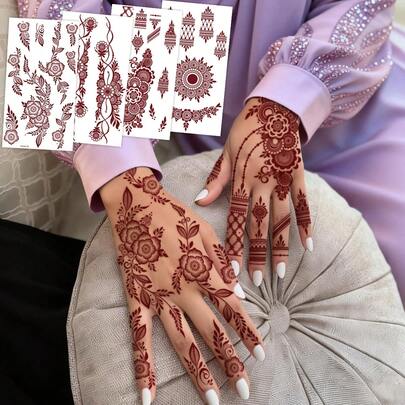 4pcs Floral Design Brown, Red, Burgundy Sexy Toe/Finger Temporary Tattoo Stickers, Suitable For Women, Henna Inspired Flower Print Waterproof Tattoo Stickers, Brown Tattoo Stickers For Body Art, Wedding Party