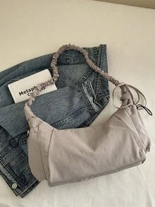 1个尼龙面料多口袋饺子袋，女士休闲褶皱抽绳斜挎单肩包，柔软慵懒的波西米亚风百搭单肩包 - 灰色 - 查看 2