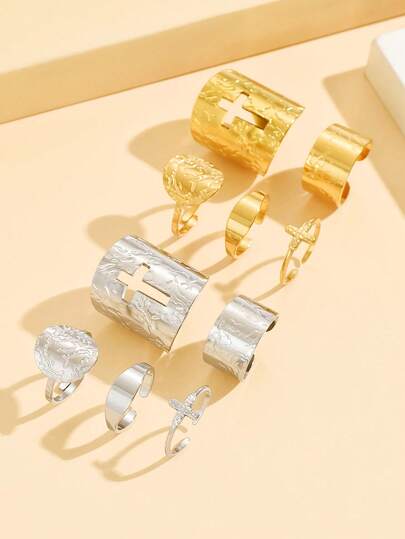 5 st/set eleganta ringar med ihålig lövdesign, uppfriskande justerbara ringar i rostfritt stål i Mori-stil med 18K guldplätering, lämpliga för vardagsbruk