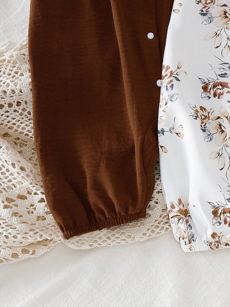 2 peças Macacão Floral Vintage com Babado na Manga para Meninas, Design com Botões para Fácil Vestir, Conjunto de Macacão com Manga Curta Confortável e Minimalista, Verão - Multicolorido - Visão 6