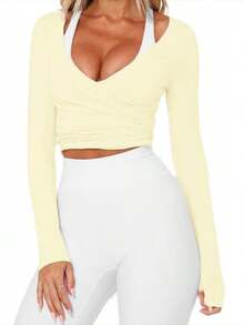 Women Ballet Wrap Top V Neck Solid Long Sleeve Self Tie Dance Shirt Pilates Yoga Tops Y2k Workout Active Blouses Clubwear For Daily Party - 黃色 - 查看 2