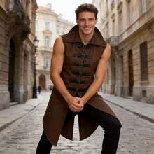 COS Men's Stand-Up Collar Sleeveless Leather Button Vest Medieval Renaissance Holy Knight Vest Cosplay Costume, Role-Playing Costume, Performance Costume - Black - View 4