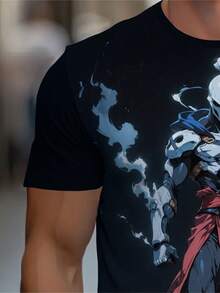 3D Printed Men'S T-Shirt With Anime Warrio | Lightweight, Dark Blue, Crew Neck, All Over Print, Durable And Comfortable Fit For Casual Wear At Home Or Cafe - màu đen - Xem 4