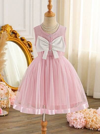 Summer Young Girls Elegant Dress, Round Neck Sleeveless Bow Decor, Button Half-Placket, Irregular Hem, Fashionable Casual Sweet Princess Dress For Girls