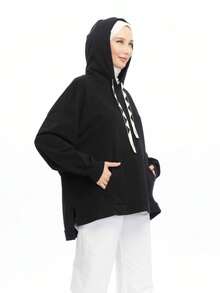 Women's Casual Long Sleeve Hooded Black Pullover Sweatshirt With Drawstring And Pockets - Black - View 2