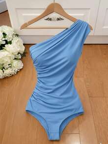 One-Shoulder Bodysuit In Supplex Fabric, Fits Sizes S To L, A Versatile Piece On  For 2026. - 淺藍色 - 查看 3