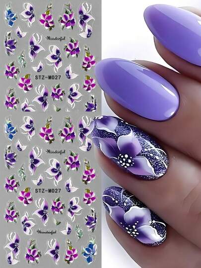 2pcs Purple Floral Petal Spring Nail Stickers French Tip Flower Vine Leaf 3D Nail Art Decals Wedding Nail Supplies DIY Holiday Party Nail Charms Decorations
