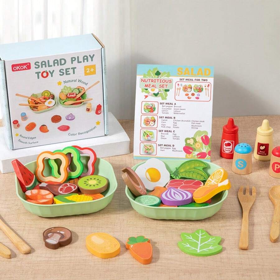 Wooden Realistic Vegetable Salad Pretend Play Kitchen Toys, Children Role Play Imitate Little Chef Cooking Simulation