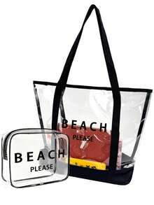 四件套沙滩手提包：印有“Beach Please”字样的透明PVC沙滩包、大容量防水INS风果冻包、春夏镂空遮阳帽、波西米亚风渔夫帽和透气针织宽檐帽。简约大容量单肩包、手提包、便携化妆包、休闲购物袋。 - 彩色 - 查看 15