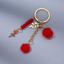 1pc Women'S Charm Beaded Rose Flower Keychain, Japanese Style, Resin Camellia, Alloy Round Buckle, Car Keychain, Bag Decoration, Valentine'S Day, Mother'S Day, Birthday For Friends Valentines Car Accessories Bag Charm School Cute Goth Y2k Christmas Gift Ideas - Red - View 4