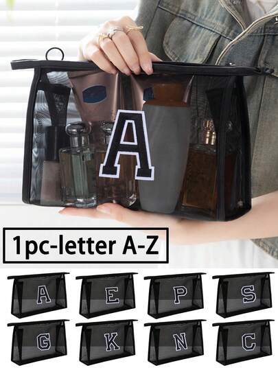 大容量黑色网袋可绣字母，毛巾可绣A-Z字母，透明网眼化妆品收纳袋，多功能旅行便携包，化妆品及化妆工具收纳袋，口红及护肤品收纳袋