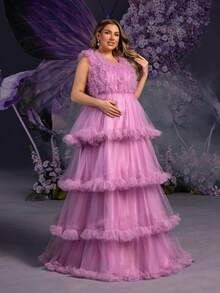 Faeriesty Gaun Pesta Maxi Tanpa Lengan Leher V Ukuran Plus Elegan untuk Ibu Hamil, Desain Berkerut Menambah Pesona Feminin (Lapisan yang Indah), Cocok untuk Pernikahan Musim Semi, Perayaan Hari Ibu - Purple - View 9