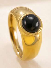 1枚经典几何方形和圆形立方氧化锆不锈钢18K镀金戒指，适合女士日常和派对佩戴 - 黑色-金 - 查看 4