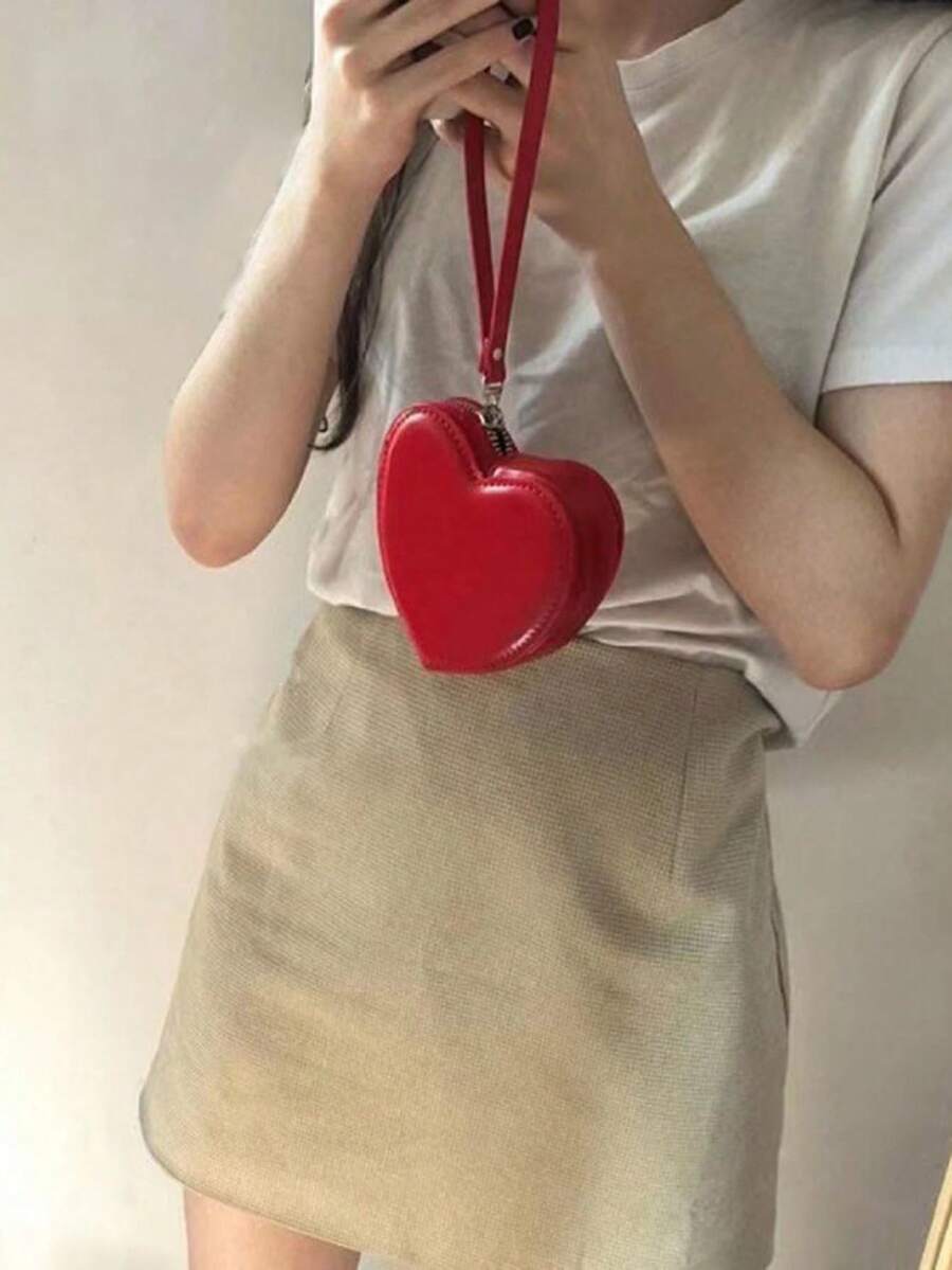 Ví cầm tay mini hình trái tim có dây đeo cổ tay cho nữ, ví mini, ví nhỏ, ví đeo cổ tay, ví đựng tiền xu, ví Kawaii dễ thương, phong cách Fairycore, quà tặng Ngày của Mẹ, đồ dùng cần thiết khi đi du lịch. - Đỏ - Xem 1
