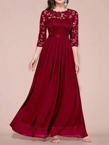 Vestido elegante de encaje floral para mujer,Vestido de fiesta de manga larga de chiffon de cuello redondo,Vestidos de mujer - Color caoba - Ver 3