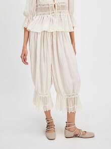 Women Lace Trim Long Bloomers Y2k Elastic Mid Rise Ruffle Victorian Pantaloons Cropped Flared Slips Pants Pumpkin Pants - 白色 - 查看 3
