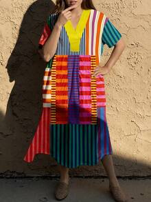 Plus Size Women Fashion Printed Striped Casual Vacation Dress With Pockets Elegant Summer - Multicolor - View 2