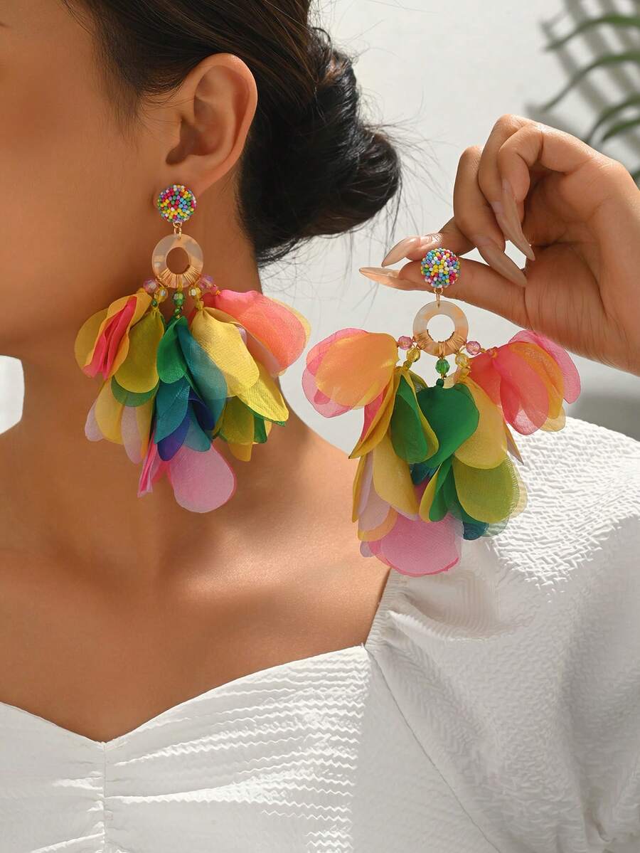 Handmade Lightweight Multi-Layer Chiffon Petal Dangle Earrings, Bohemian Style Suitable For Tropical Beach, Resort, Party Wear - Mix - View 1