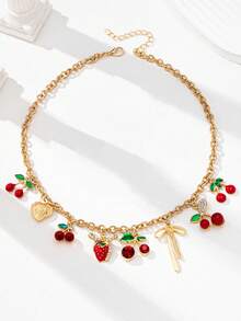 1件水晶钻石樱桃吊坠项链，可爱蝴蝶结和心形锁扣设计，女士时尚项链，时尚珠宝礼品 - 彩色 - 查看 4