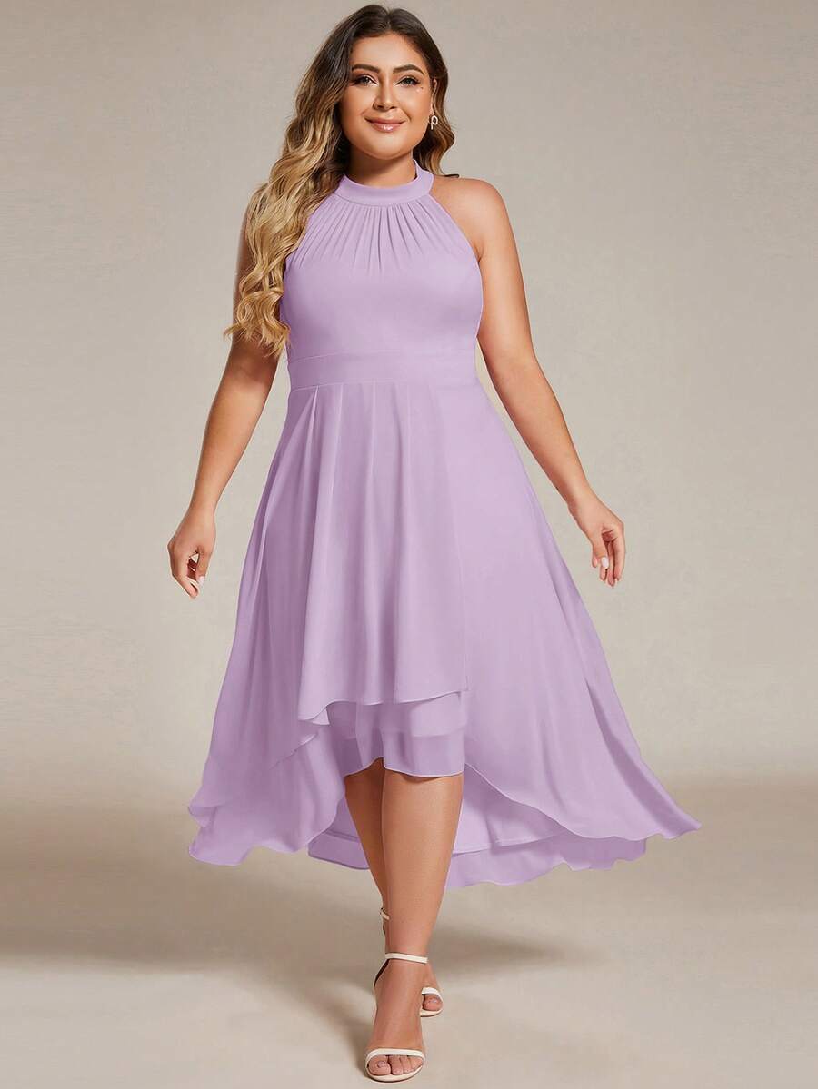 Elegant Chiffon Sleeveless Halter Asymmetric Hem Evening Dress, Lavender Bridesmaid Dress For Wedding Guest - Mauve Purple - View 1