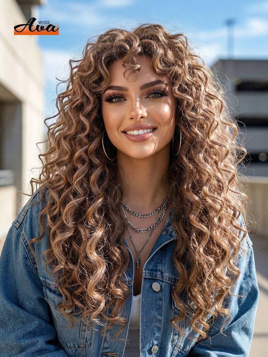 24-Inch Khaki Curly Wig, Golden Wavy Linen Wig, Synthetic Long Curly Wig. Heat-Resistant Synthetic Wig, Fluffy Curly Hair With Bangs, 18-Inch Ombre Golden Chemical Fiber Wig, Bangs Wig, Convenient For Daily Wear, Beginner-Friendly, Voluminous Big Curly Hair, Suitable For Halloween And Cosplay, Versatile Use For Daily, Party, Cosplay, Holidays And Music Festivals, Elegant And Fashionable Essential Item. - Khaki - View 1