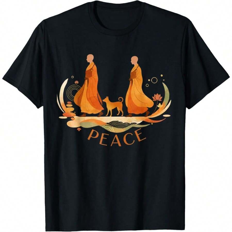 Peace Walking Monks & Dog Minimalist Zen Art T-Shirt - Schwarz - Übersicht 1