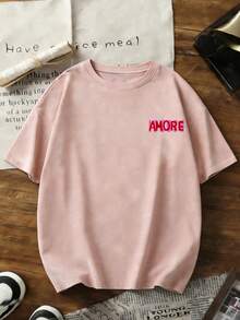 Summer New Simple Fashion INS Pink Striped Letter Print Casual Round Neck Tie-Dye Short Sleeve T-Shirt, Versatile & Fashionable Women Top - Pink - View 3