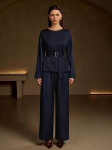 Conjunto de dos piezas de pantalón y blusa de manga larga de unicolor y cuello redondo para dama, estilo elegante y casual, apropiado para oficina, citas nocturnas y salidas diarias, conjunto de pantalón y blusa de manga larga para dama, primavera - azul real - Ver 4