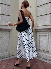 女士波点褶皱休闲度假约会长款吊带连衣裙 - 黑與白 - 查看 2
