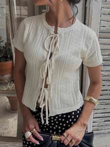 Women's Sexy Tie-Front Cropped White Top For Summer, Open Collar Jacquard Design, Fashionable & Elegant Vacation Essential - White - View 4