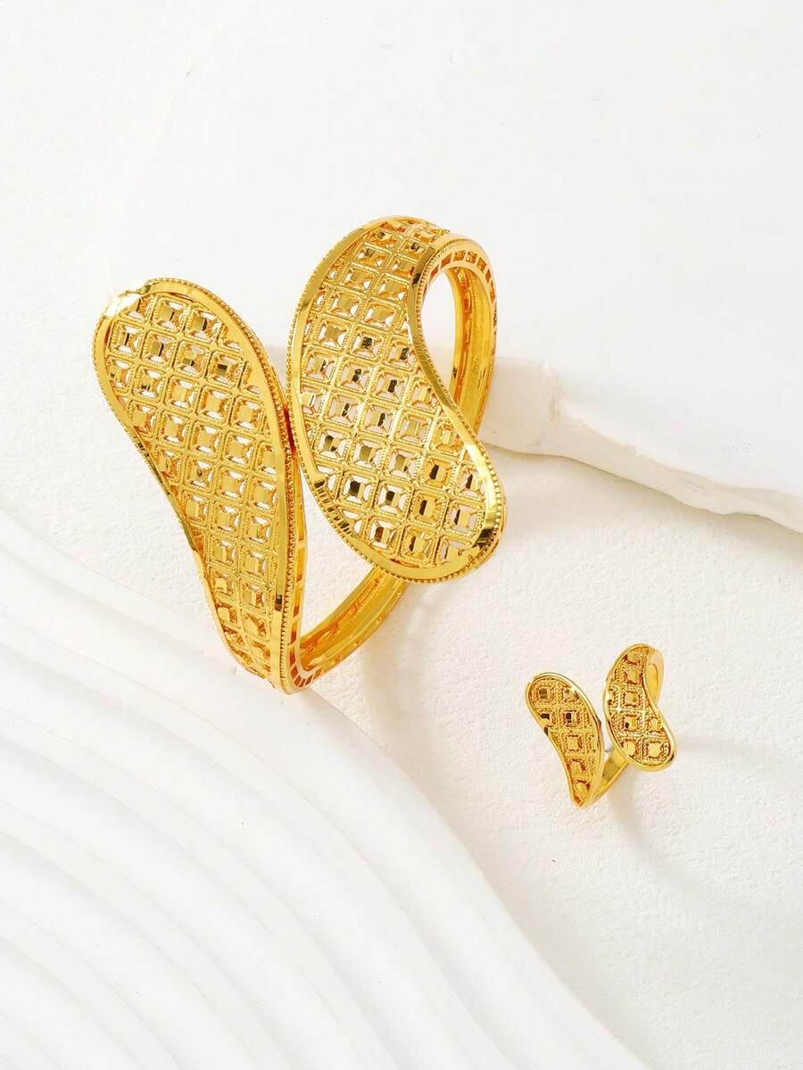 2pcs Middle Eastern Ramadan Style Hollow Rhombus Textured Bracelet & Ring Set, Suitable For Women's Daily Ramadan Wear - Yellow Gold - View 1