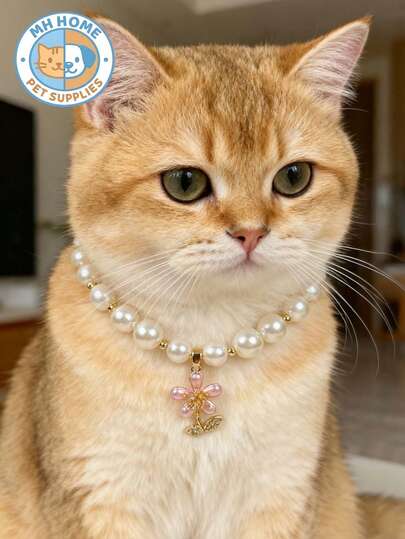 1 件装优雅花朵吊坠宠物项链，复古仿珍珠手工串珠项圈，猫咪项链，复古风格猫项圈，仿珍珠花朵宠物项链，优雅宠物配饰，手工串珠狗项圈