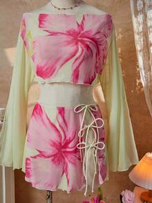 2026 Women's Spring/Summer 2-Piece Beach Outfit, Elegant Romantic Yellow Off-Shoulder Sexy Cropped Mesh Printed Blouse Paired With Side-Tie Bohemian Style Mesh Mini Skirt, Suitable For Beach Vacation, Holidays, Parties, Valentine's Day, New Year, Carnival, Women's Swimwear, Elegant Beach Attire - Yellow - View 7