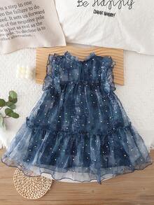 女童星形印花公主薄纱蛋糕裙，节日服装，生日礼物，派对服饰 - 藏蓝色 - 查看 4