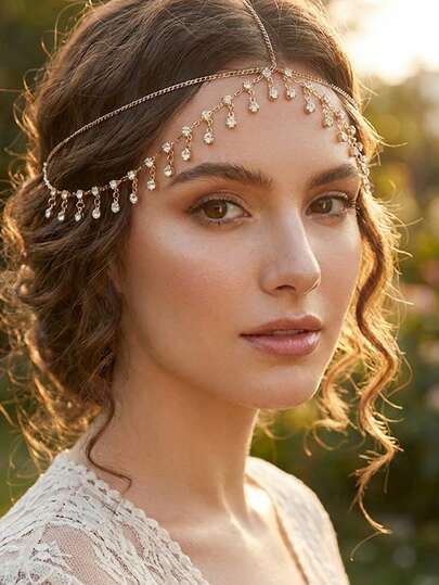 1 pieza Cadena de pelo dorada con estilo bohemio, diadema con cristales multicapa para novia, accesorios para el cabello para fiestas, bodas y eventos para mujeres y niñas