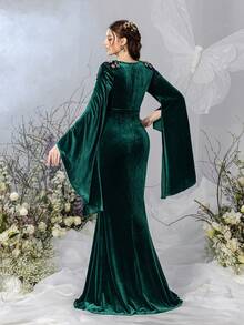 Elegant Maternity Overlay Neckline Long Sleeve Bell Sleeve Maxi Party Gown | Velvet Fabric, Bell Sleeve With Flowing Cuffs, Shoulder Fringe Appliques - Dark Green - View 3